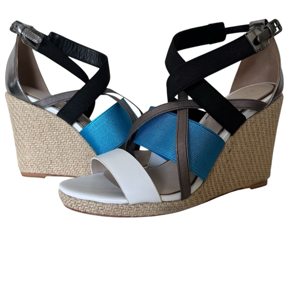 Elie Tahari Black Blue Metallic Platform Jute Wedge Strappy Ankle Wrap Sandals